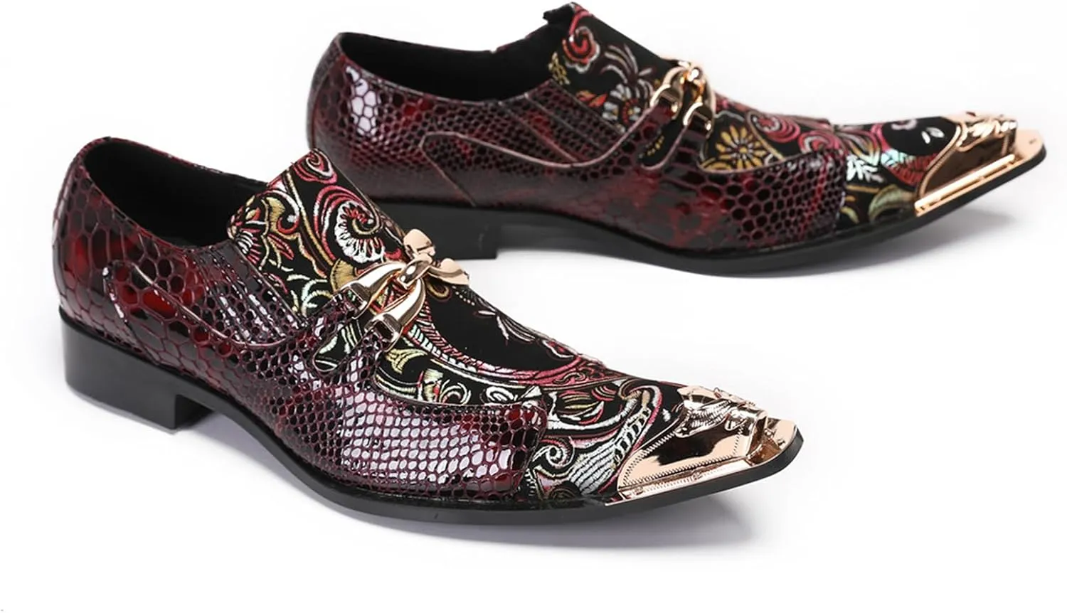 Mens Dress Shoes, Cowhide Loafers Plus Size Handmade Shoes Retro Crocodile Pattern Slip on Casual Business Low Top Metal Toe Breathable Groom Shoes,37 EU,Red