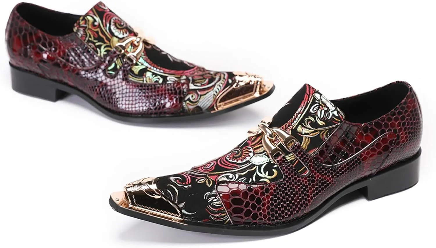 Mens Dress Shoes, Cowhide Loafers Plus Size Handmade Shoes Retro Crocodile Pattern Slip on Casual Business Low Top Metal Toe Breathable Groom Shoes,37 EU,Red