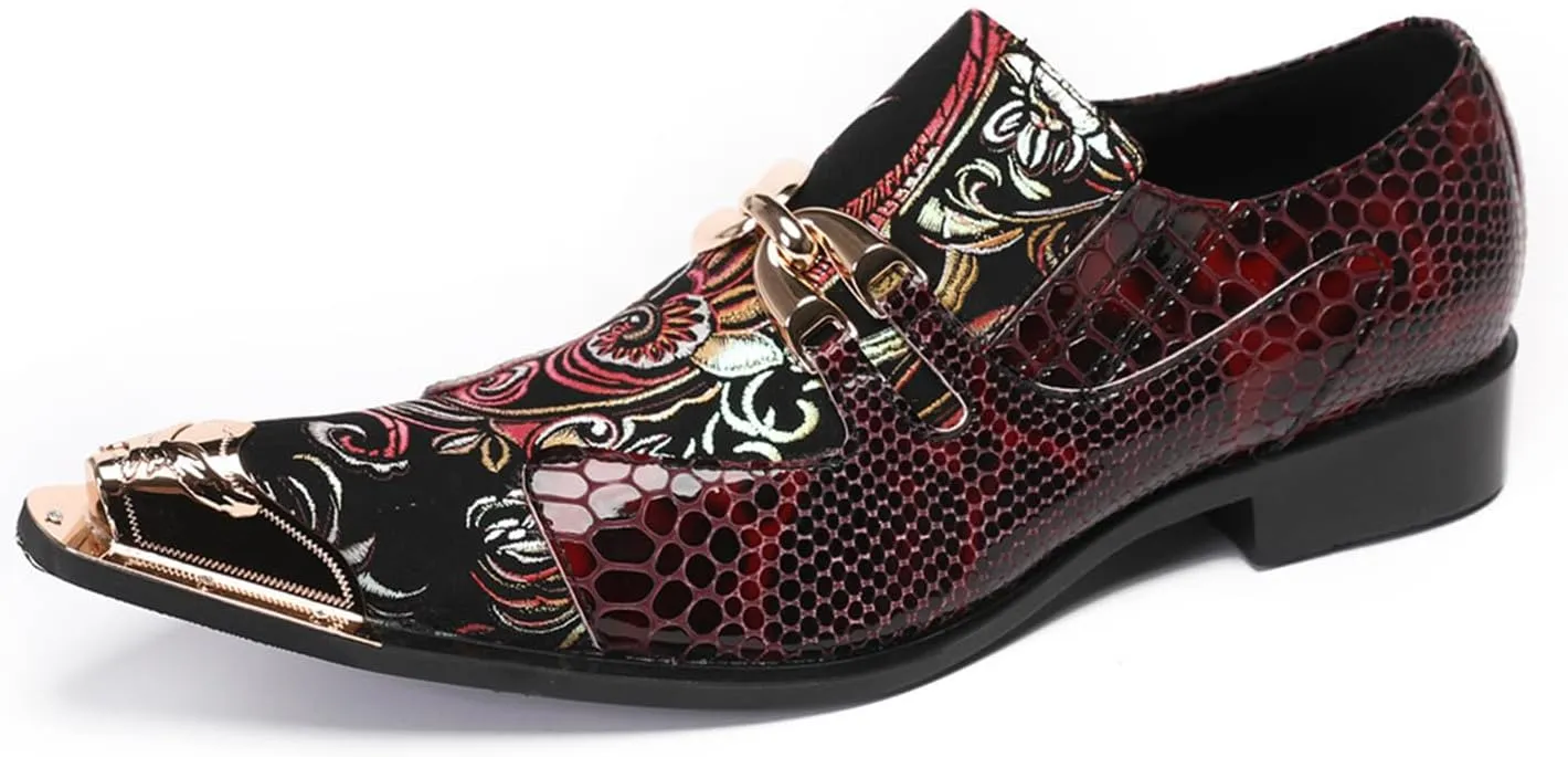 Mens Dress Shoes, Cowhide Loafers Plus Size Handmade Shoes Retro Crocodile Pattern Slip on Casual Business Low Top Metal Toe Breathable Groom Shoes,37 EU,Red