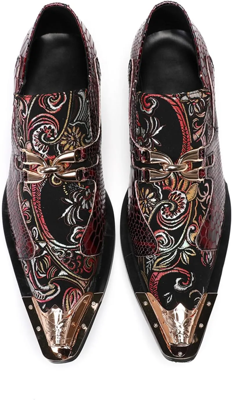 Mens Dress Shoes, Cowhide Loafers Plus Size Handmade Shoes Retro Crocodile Pattern Slip on Casual Business Low Top Metal Toe Breathable Groom Shoes,37 EU,Red