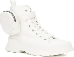 Olivia Miller Women's Fashion Shoes, Leilany Canvas Upper Rubber Sole Lace Up w Zip Pouch, Chunky Heel Round Toe Casual High Top Sneaker Bootie Ankle Combat Boots