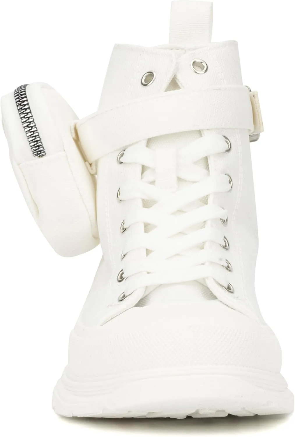 Olivia Miller Women's Fashion Shoes, Leilany Canvas Upper Rubber Sole Lace Up w Zip Pouch, Chunky Heel Round Toe Casual High Top Sneaker Bootie Ankle Combat Boots