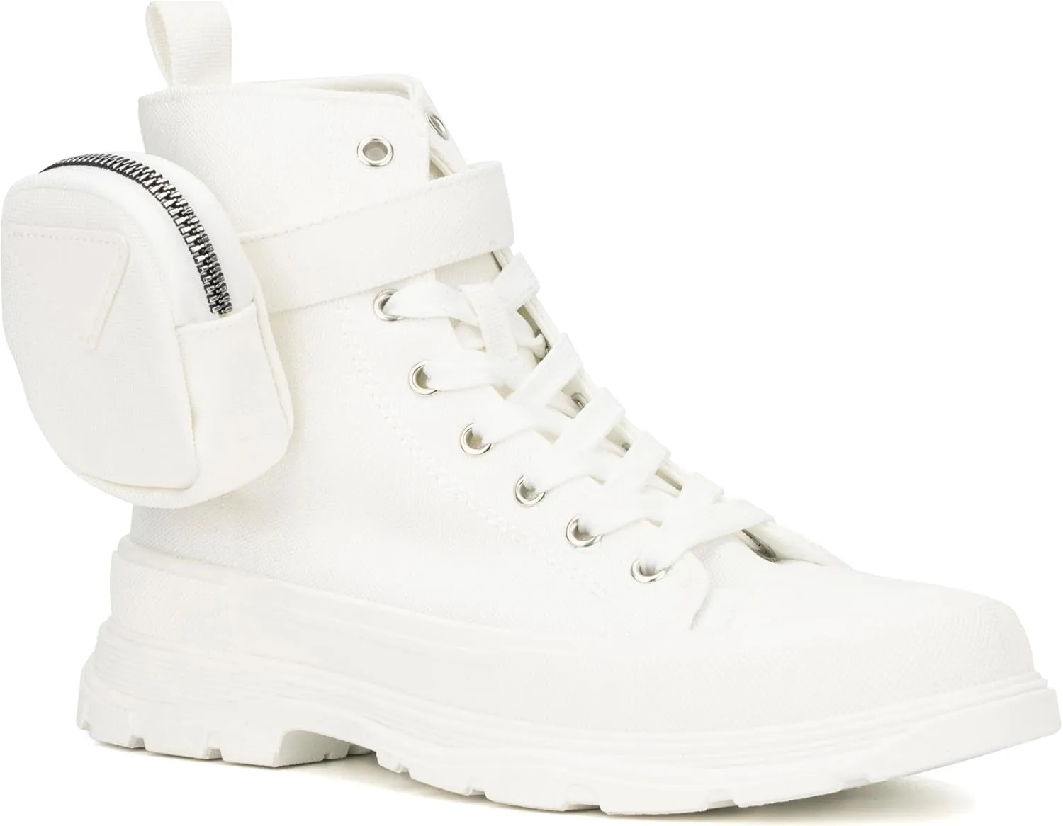 Olivia Miller Women's Fashion Shoes, Leilany Canvas Upper Rubber Sole Lace Up w Zip Pouch, Chunky Heel Round Toe Casual High Top Sneaker Bootie Ankle Combat Boots