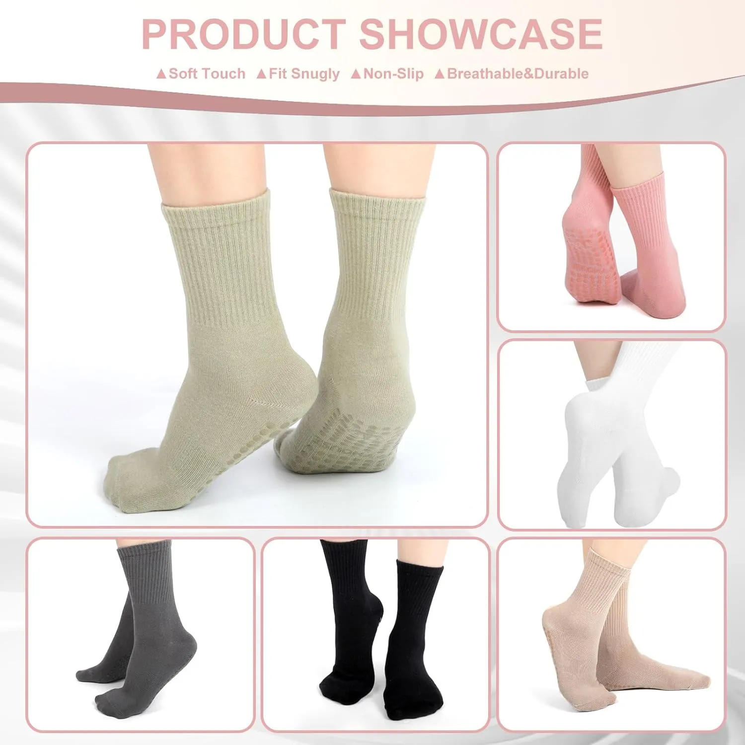 Pilates Yoga Socks with Grips for Women - Crew Length Ballet Barre Socks - Sticky Workout Hospital Socks