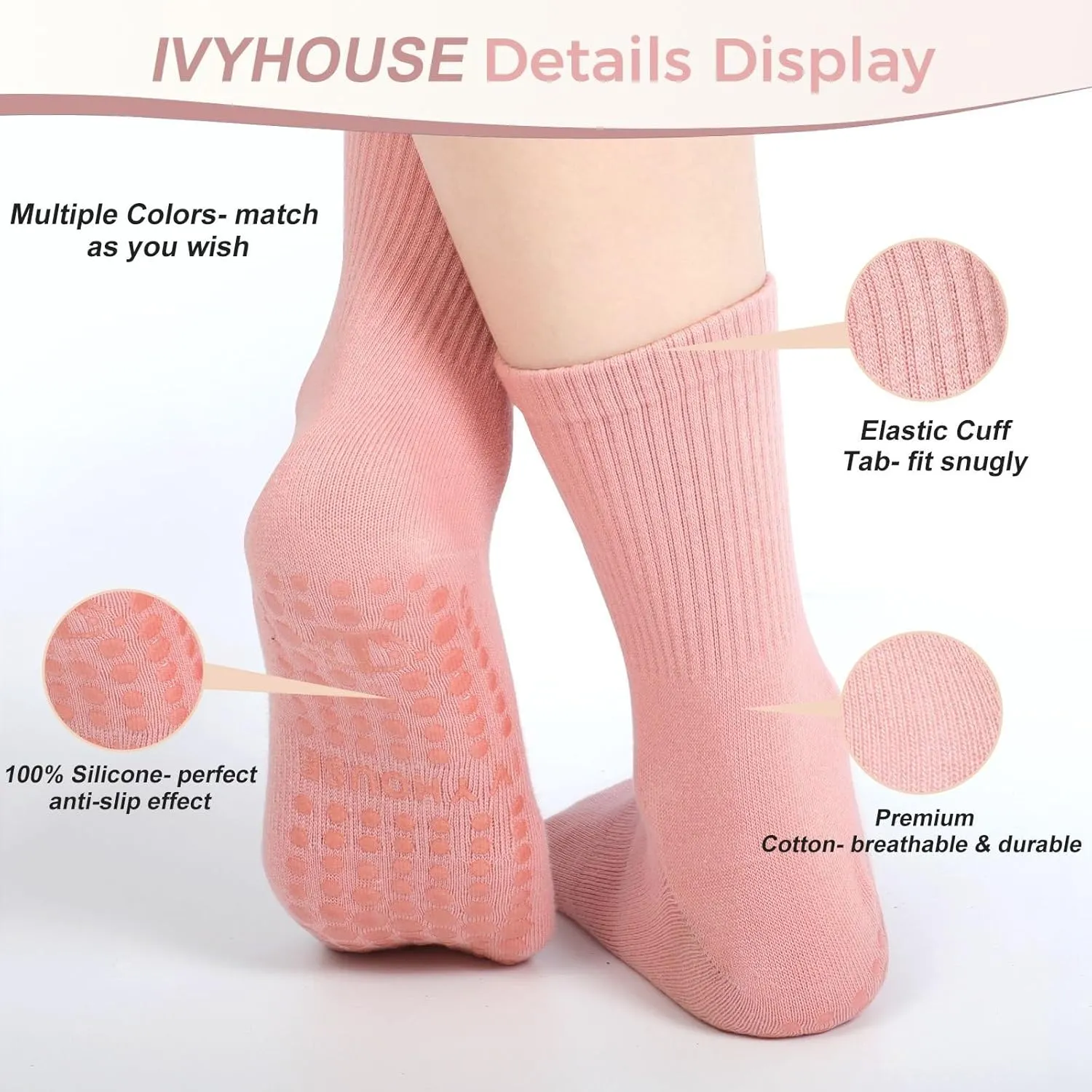 Pilates Yoga Socks with Grips for Women - Crew Length Ballet Barre Socks - Sticky Workout Hospital Socks