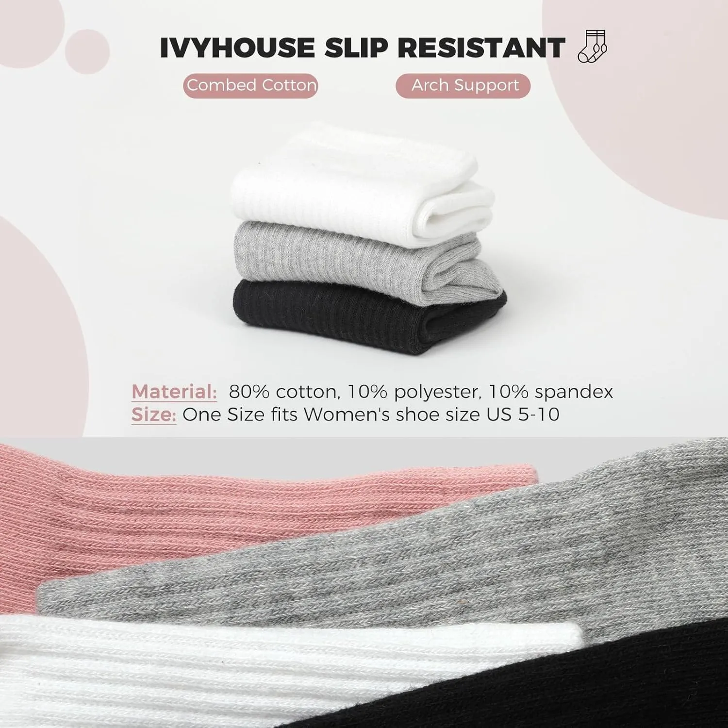 Pilates Yoga Socks with Grips for Women - Crew Length Ballet Barre Socks - Sticky Workout Hospital Socks