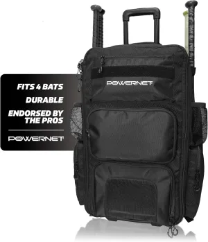PowerNet Odyssey Softball & Baseball Bag, Rolling Backpack for Baseball Gear, Bat Bag with 4 Bat Sleeves, Cleat Compartment & Hanging Hooks