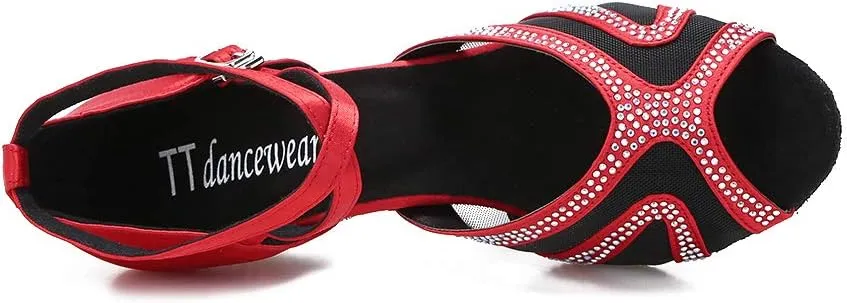 Rhinestones Ballroom Dance Shoes Women Latin Salsa Bachata Performance Dance Shoes Suede Sole