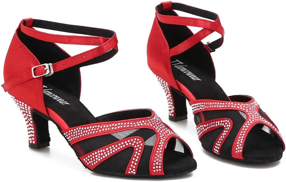 Rhinestones Ballroom Dance Shoes Women Latin Salsa Bachata Performance Dance Shoes Suede Sole