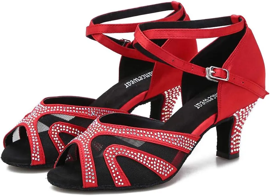 Rhinestones Ballroom Dance Shoes Women Latin Salsa Bachata Performance Dance Shoes Suede Sole