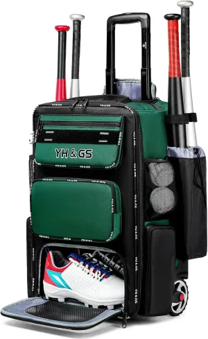 Rolling Baseball Bag,Wheeled Softball Bag with Fence Hook for TBall Bat & Equipment,Lightweight Baseball Bat Bag with Shoe Compartment