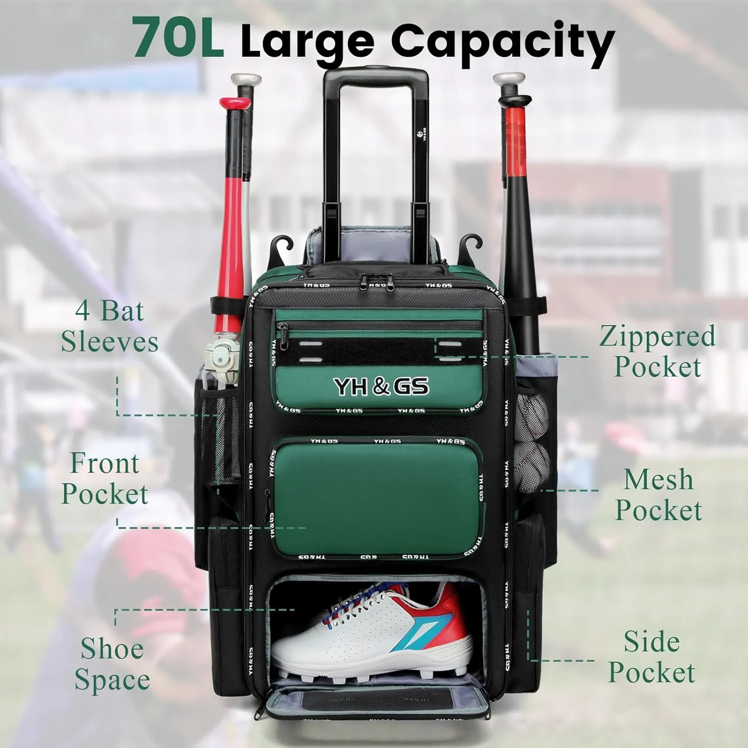 Rolling Baseball Bag,Wheeled Softball Bag with Fence Hook for TBall Bat & Equipment,Lightweight Baseball Bat Bag with Shoe Compartment