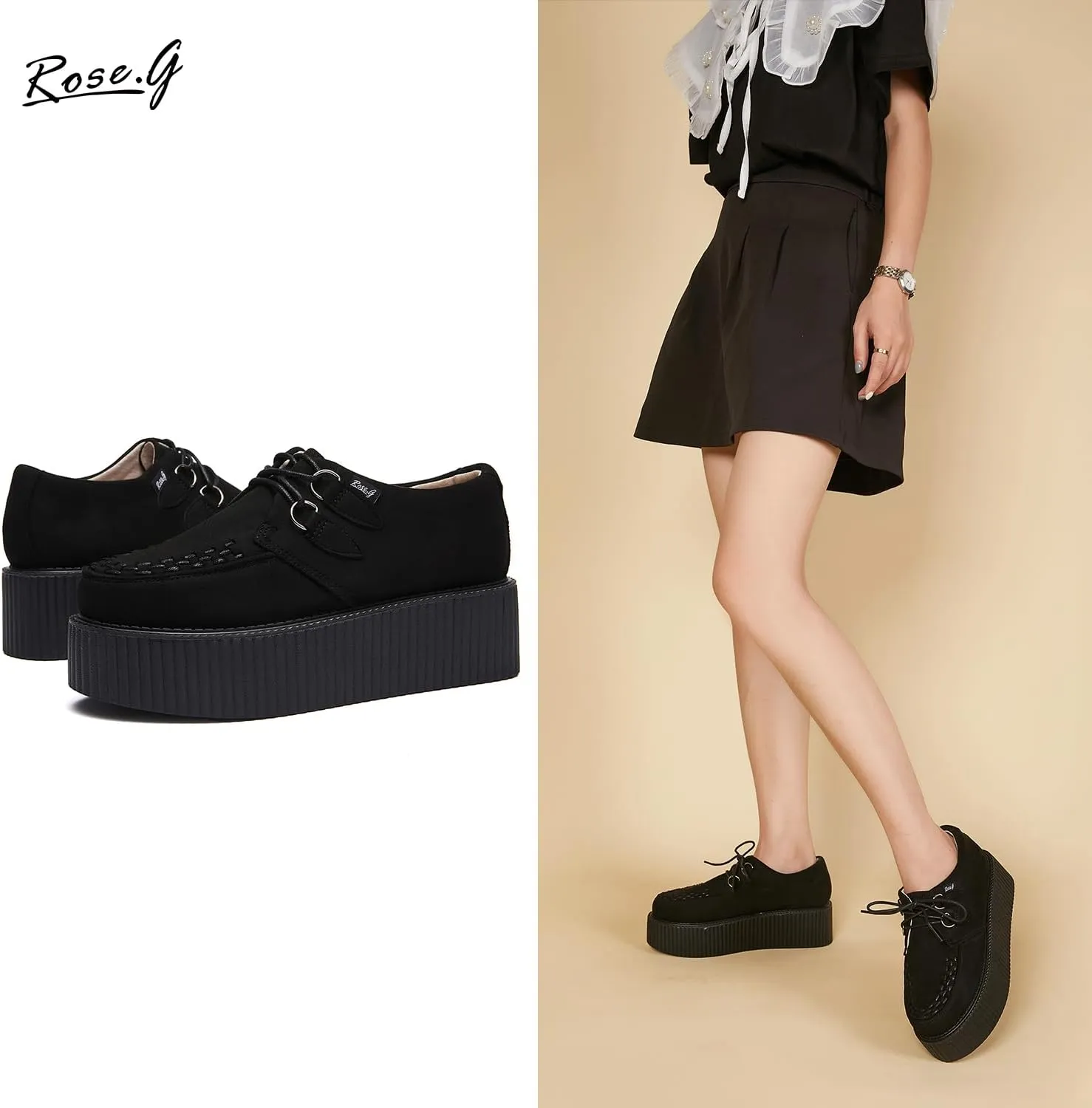 RoseG Women's Handmade Suede Lace Up Flat Platform Creepers Shoe