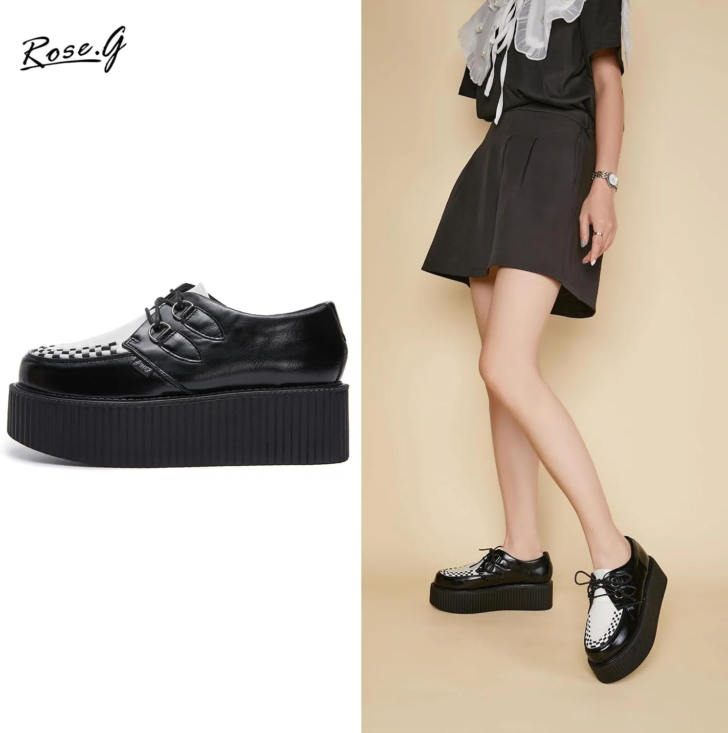 RoseG Women's Handmade Suede Lace Up Flat Platform Creepers Shoe