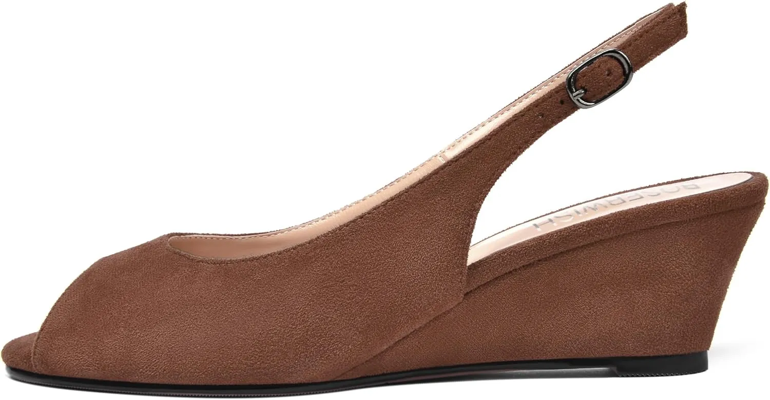 ROSERWISH Womens Casual Dating Buckle Stylish Peep Toe Suede Slingback Wedge Low Heel Pumps Shoes 2 Inch