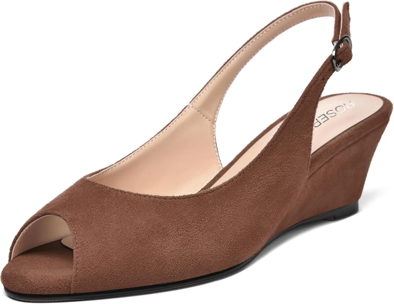 ROSERWISH Womens Casual Dating Buckle Stylish Peep Toe Suede Slingback Wedge Low Heel Pumps Shoes 2 Inch