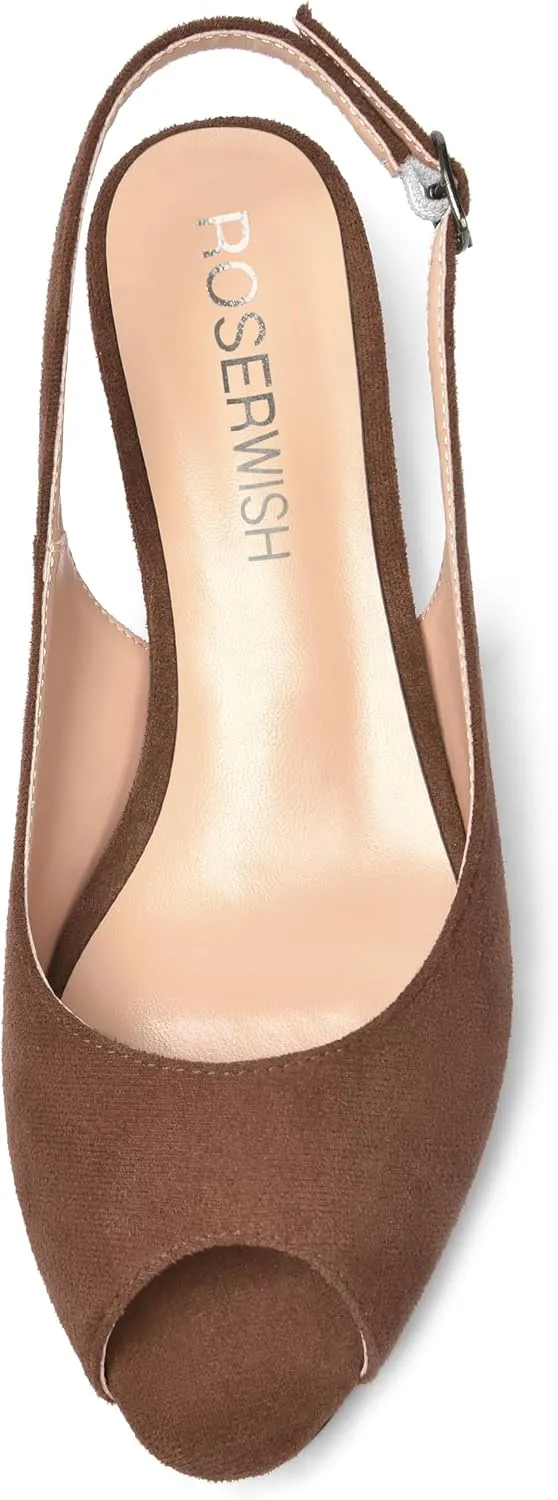 ROSERWISH Womens Casual Dating Buckle Stylish Peep Toe Suede Slingback Wedge Low Heel Pumps Shoes 2 Inch