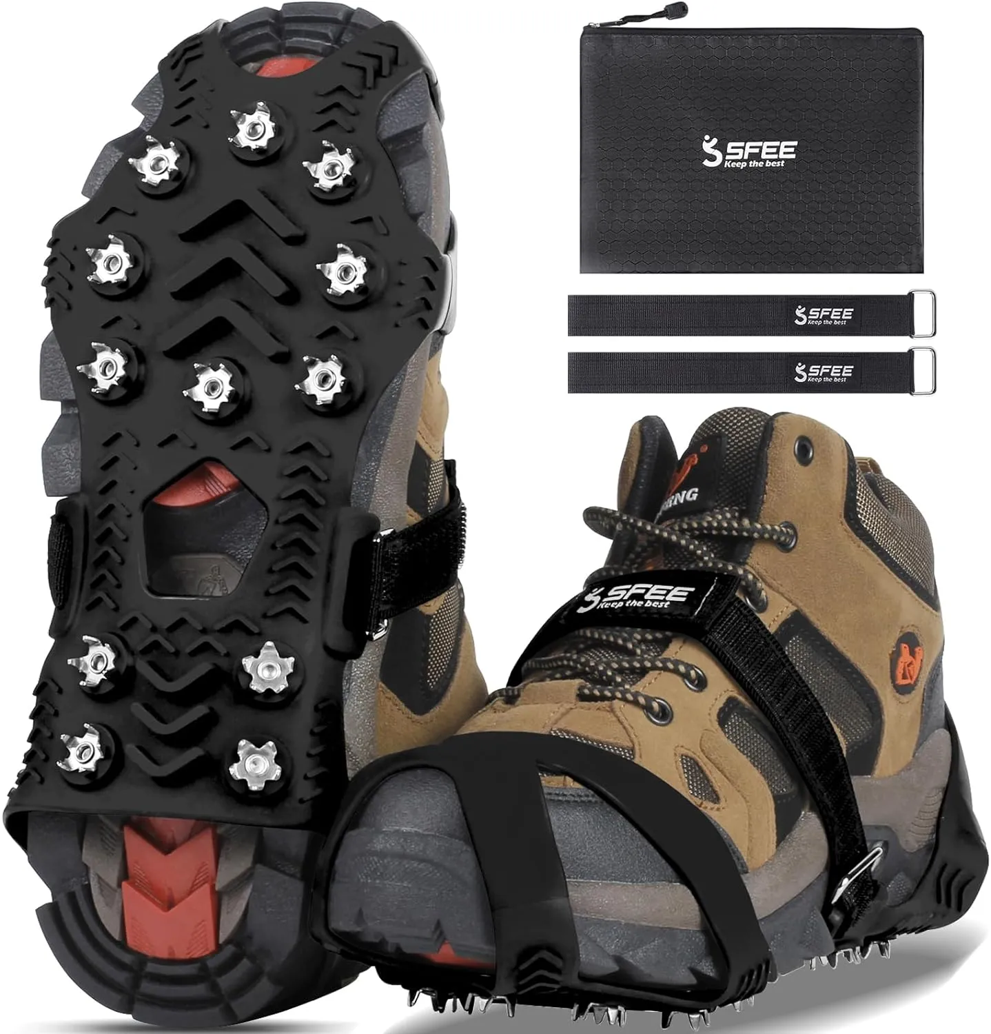 Sfee Crampons for Winter Boots, Upgraded Ice Cleats Stainless Steel Women Men Anti Slip Ice Traction Cleats Grips with Straps, Perfect for Hiking, Walking, Climbing, Ice Fishing
