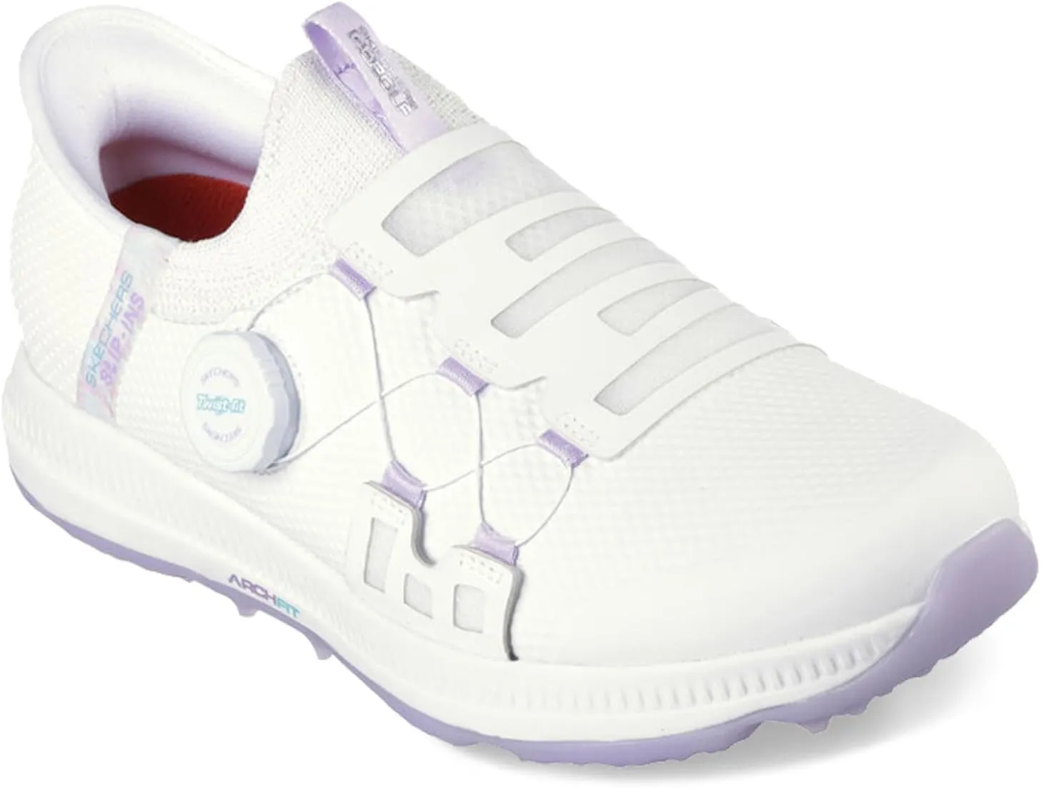 Skechers Women's Go Elite 5 Arch Fit Waterproof Slip in Golf Shoe Sneaker, White/Lavender, 9