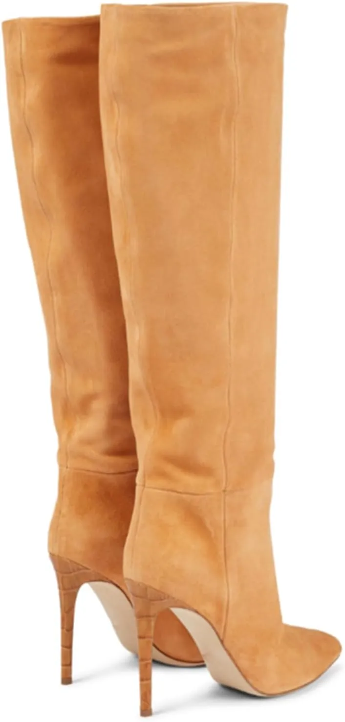 Vujkliy Women's Autumn and Winter Pointed Toe 3.5IN Stiletto High Boots Fashion Sleeves Suede High Heels