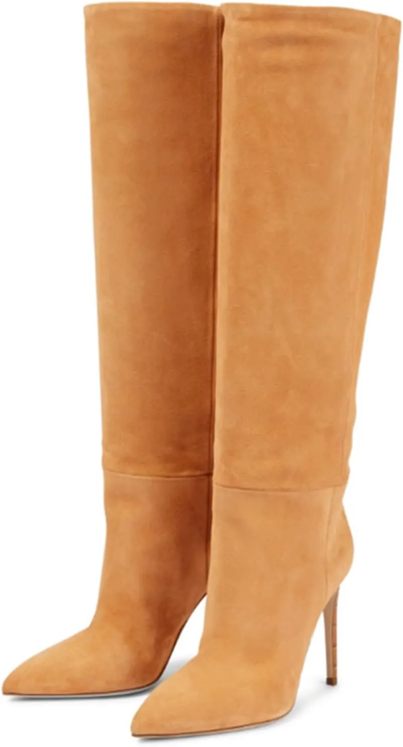 Vujkliy Women's Autumn and Winter Pointed Toe 3.5IN Stiletto High Boots Fashion Sleeves Suede High Heels
