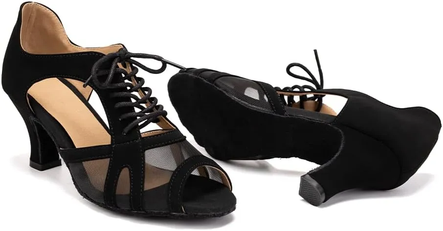 Women's Latin Salsa Dance Shoes Lace-up Open-Toe Wedding Party Ballroom Dancing Shoes,Model FT087-Suede Sole-2.5”Heel