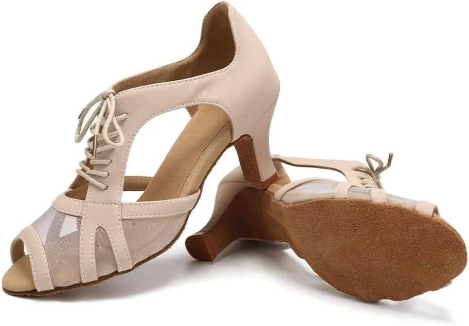 Women's Latin Salsa Dance Shoes Lace-up Open-Toe Wedding Party Ballroom Dancing Shoes,Model FT087-Suede Sole-2.5”Heel