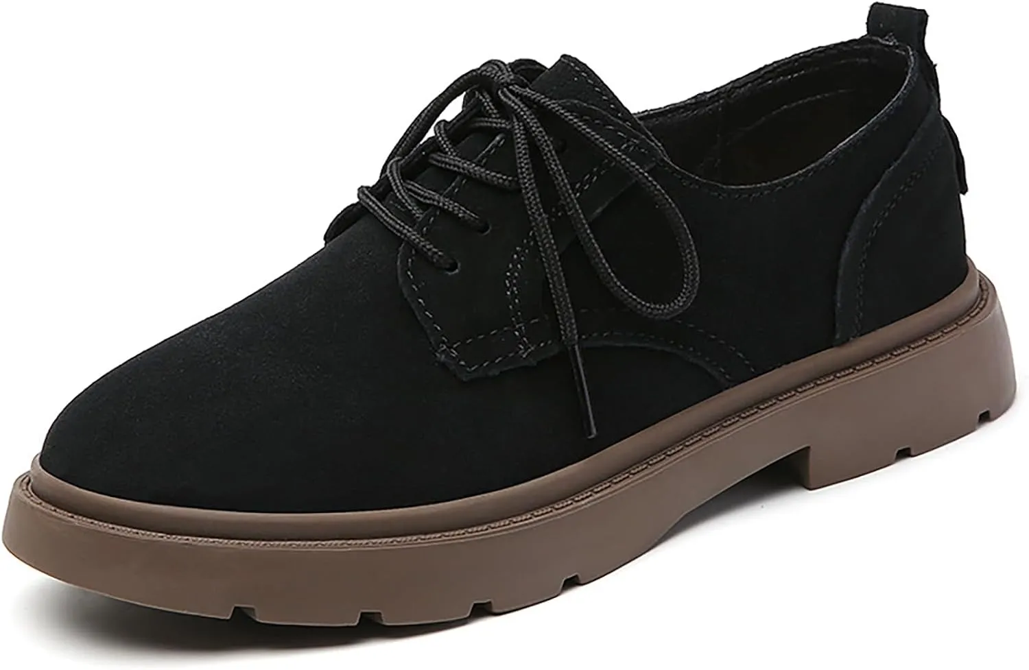 Women's Suede Lace-Up Thick-Sole Oxford Shoes Retro Round Toe Non-Slip Lug Sole Chunky Heel Derby Oxford Shoes Classic Business Work Dress Shoes