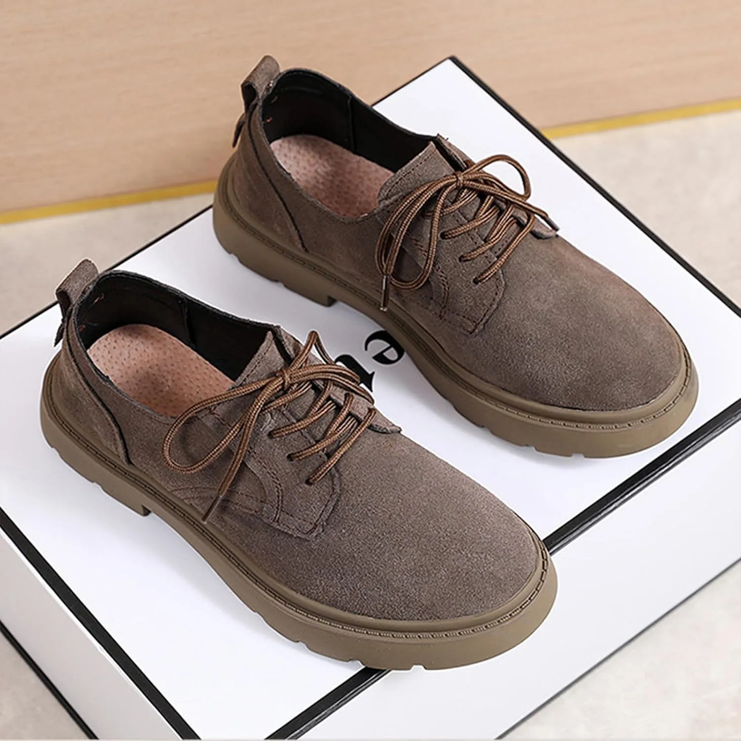 Women's Suede Lace-Up Thick-Sole Oxford Shoes Retro Round Toe Non-Slip Lug Sole Chunky Heel Derby Oxford Shoes Classic Business Work Dress Shoes