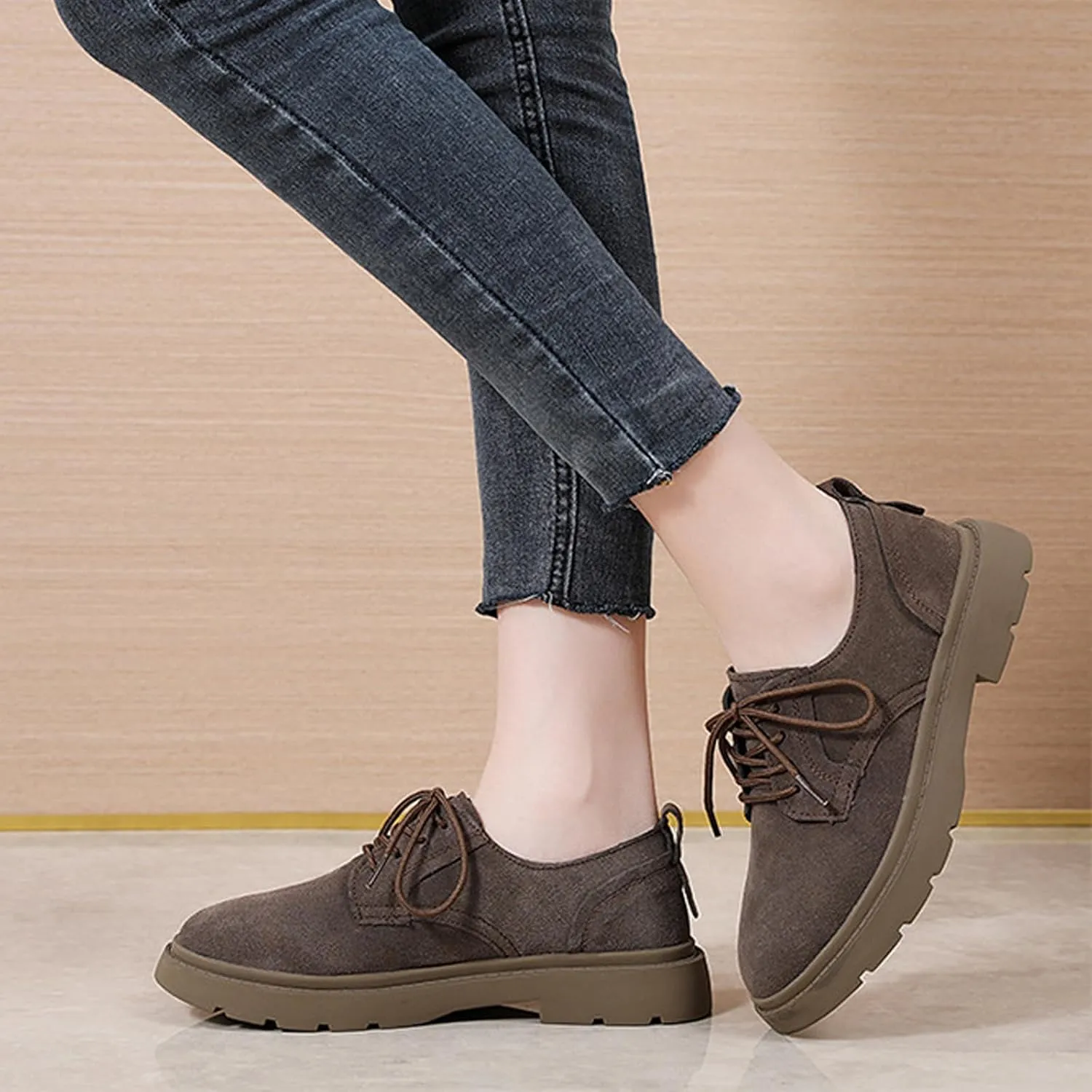 Women's Suede Lace-Up Thick-Sole Oxford Shoes Retro Round Toe Non-Slip Lug Sole Chunky Heel Derby Oxford Shoes Classic Business Work Dress Shoes